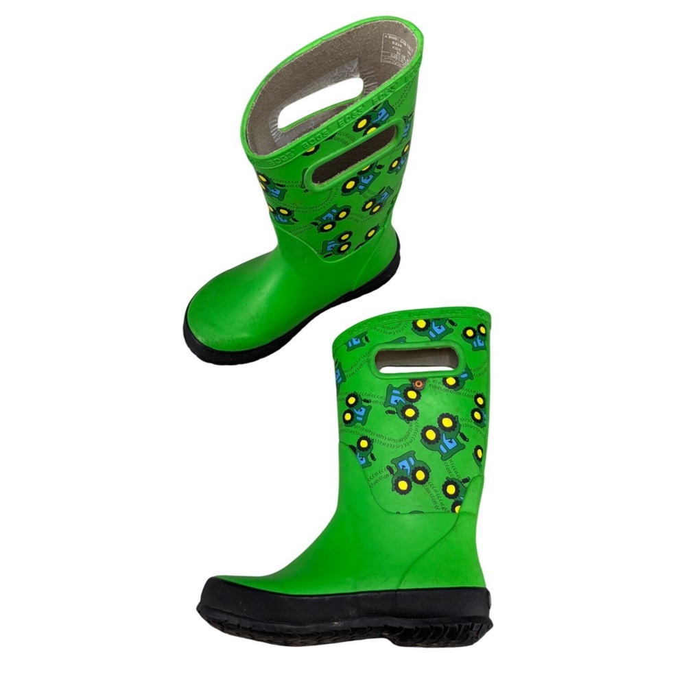 Bogs Kids Rain Boots Green Tractor Print Rubber Waterproof Pull On Size 13